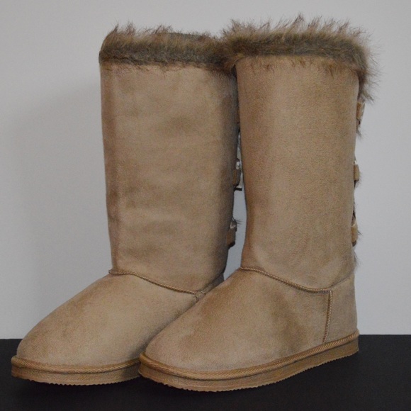 JustFab Shoes - Tall Tan Boots with Fur - Bows on Back